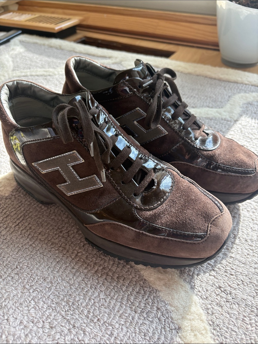 Hogan Brown Suede & Patent Leather Lace-Up Sneakers